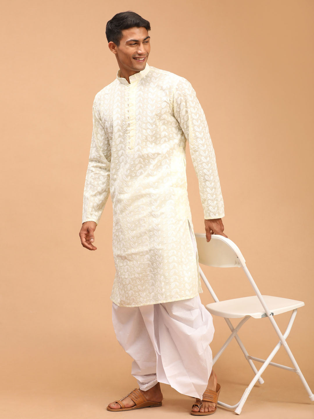 Vastramay mens yellow chikankari kurta and white dhoti set