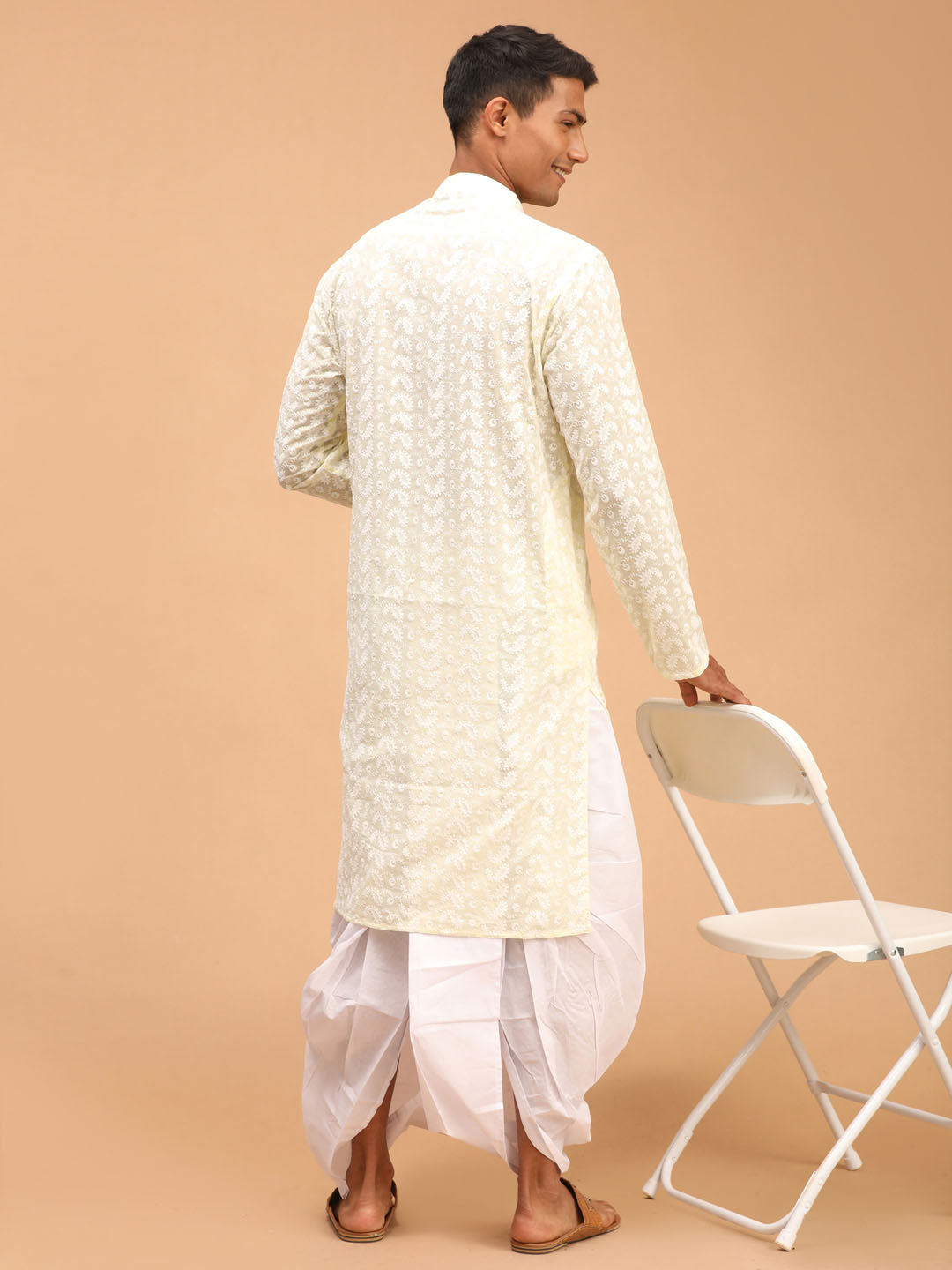 Vastramay mens yellow chikankari kurta and white dhoti set