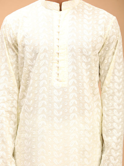 Vastramay mens yellow chikankari kurta and white dhoti set