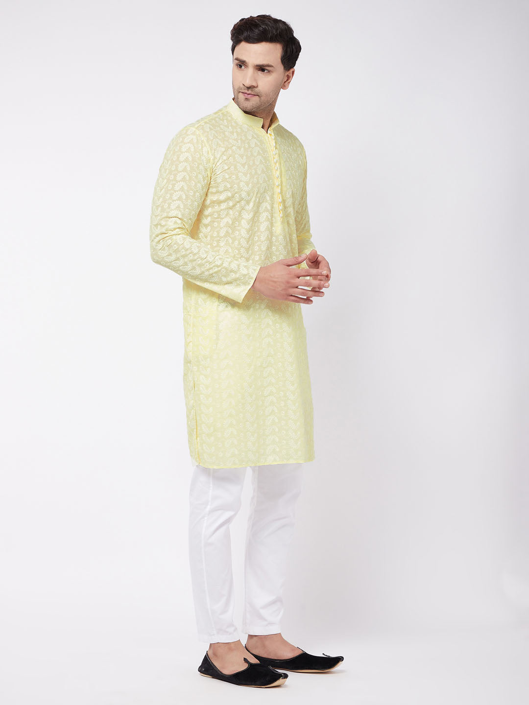 Vastramay Men's Yellow Pure Cotton Chikankari Kurta With Pant Set