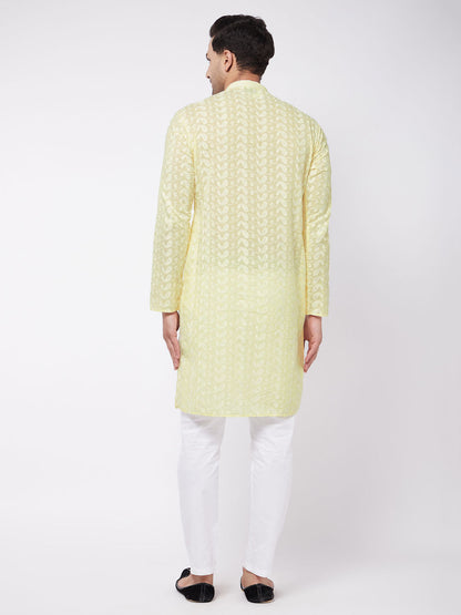 Vastramay Men's Yellow Pure Cotton Chikankari Kurta With Pant Set