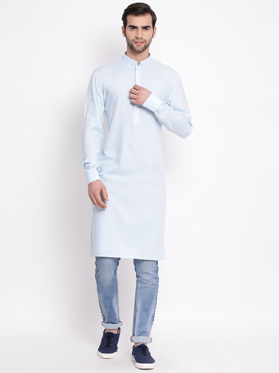 Vastramay  Men's Blue Cotton Blend Kurta