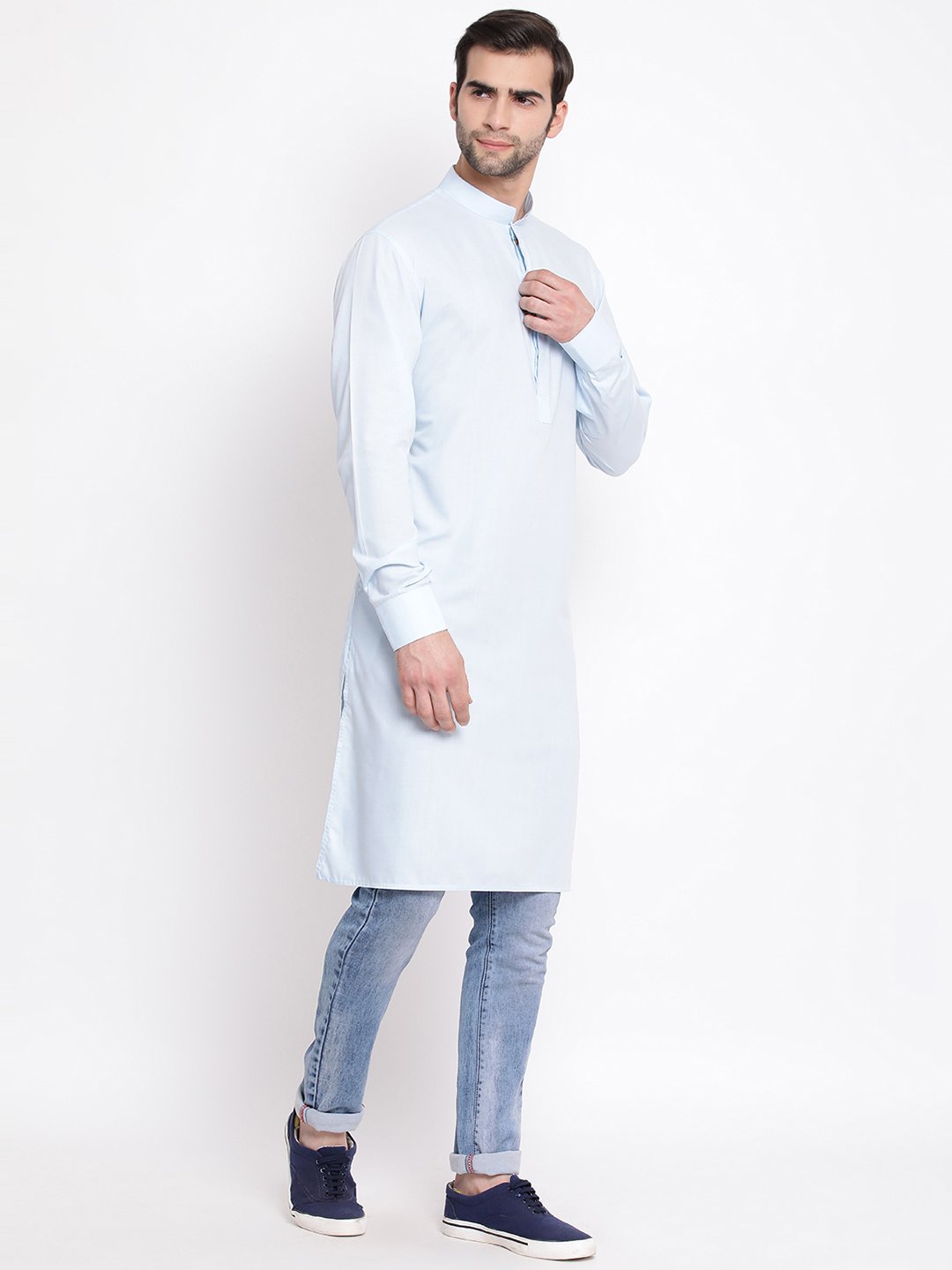 Vastramay  Men's Blue Cotton Blend Kurta