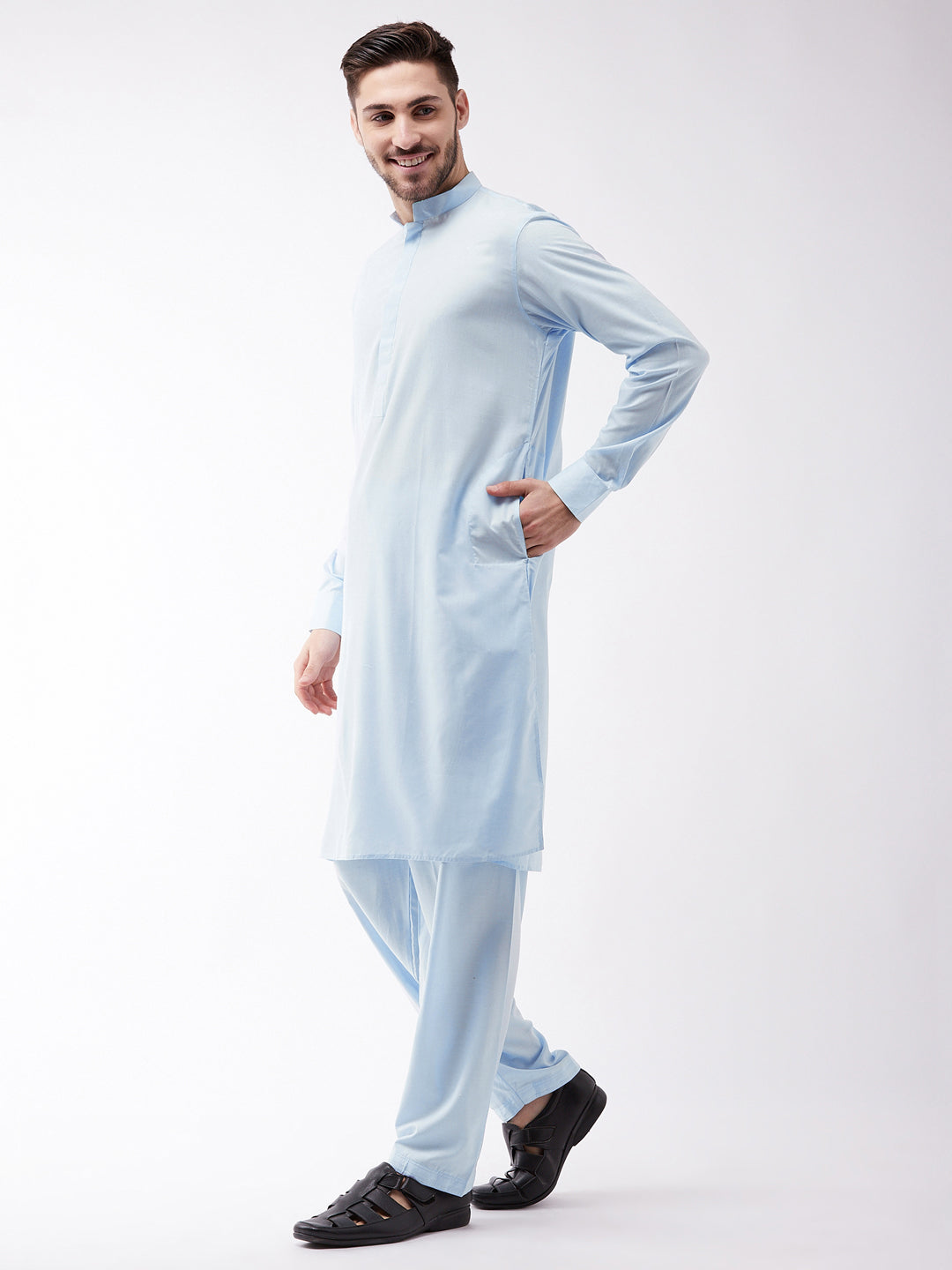 Vastramay Men's Blue Cotton Blend Kurta and Pyjama Set