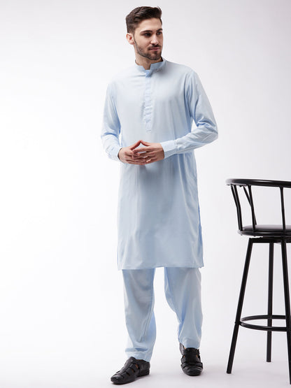 Vastramay Men's Blue Cotton Blend Kurta and Pyjama Set