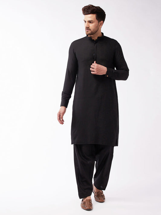 Vastramay Men's Black Cotton Blend Kurta and Pyjama Set