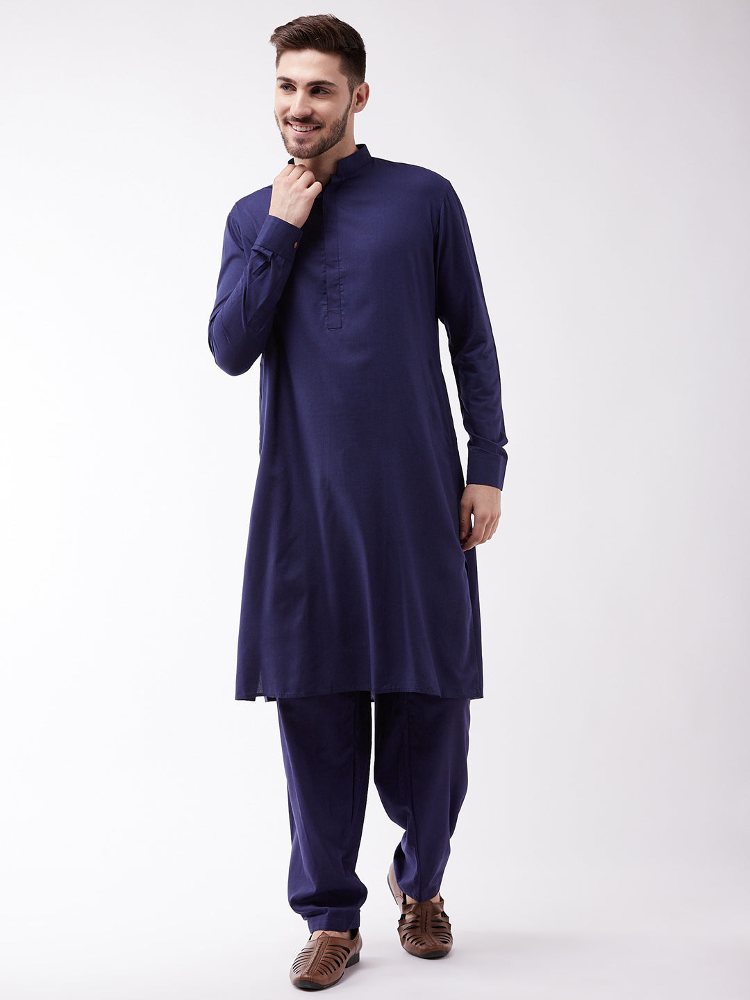 Vastramay Men's Blue Cotton Blend Kurta and Pyjama Set