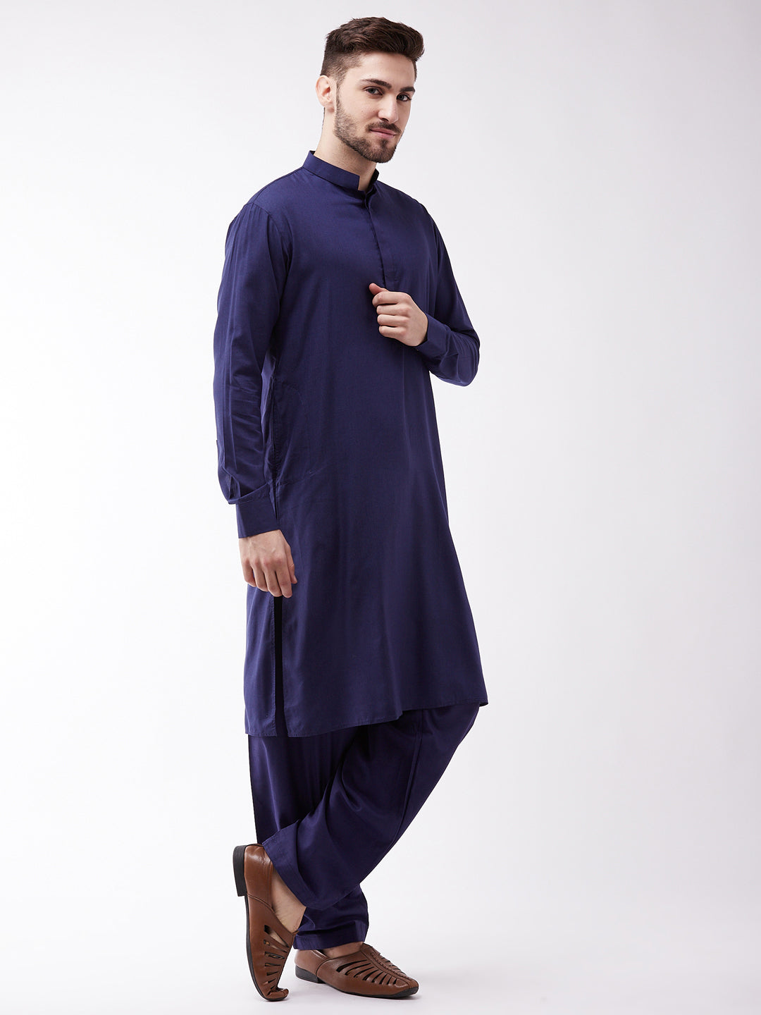 Vastramay Men's Blue Cotton Blend Kurta and Pyjama Set