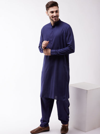 Vastramay Men's Blue Cotton Blend Kurta and Pyjama Set