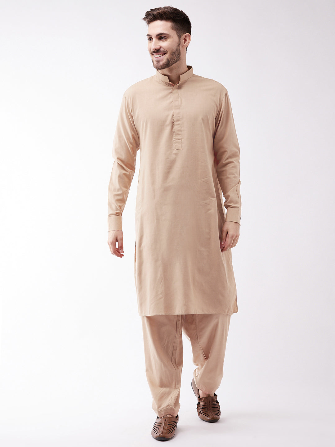 Vastramay Men's Chiku Cotton Blend Kurta and Pyjama Set