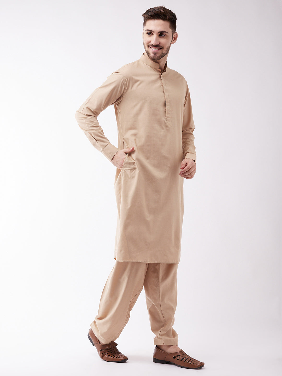 Vastramay Men's Chiku Cotton Blend Kurta and Pyjama Set