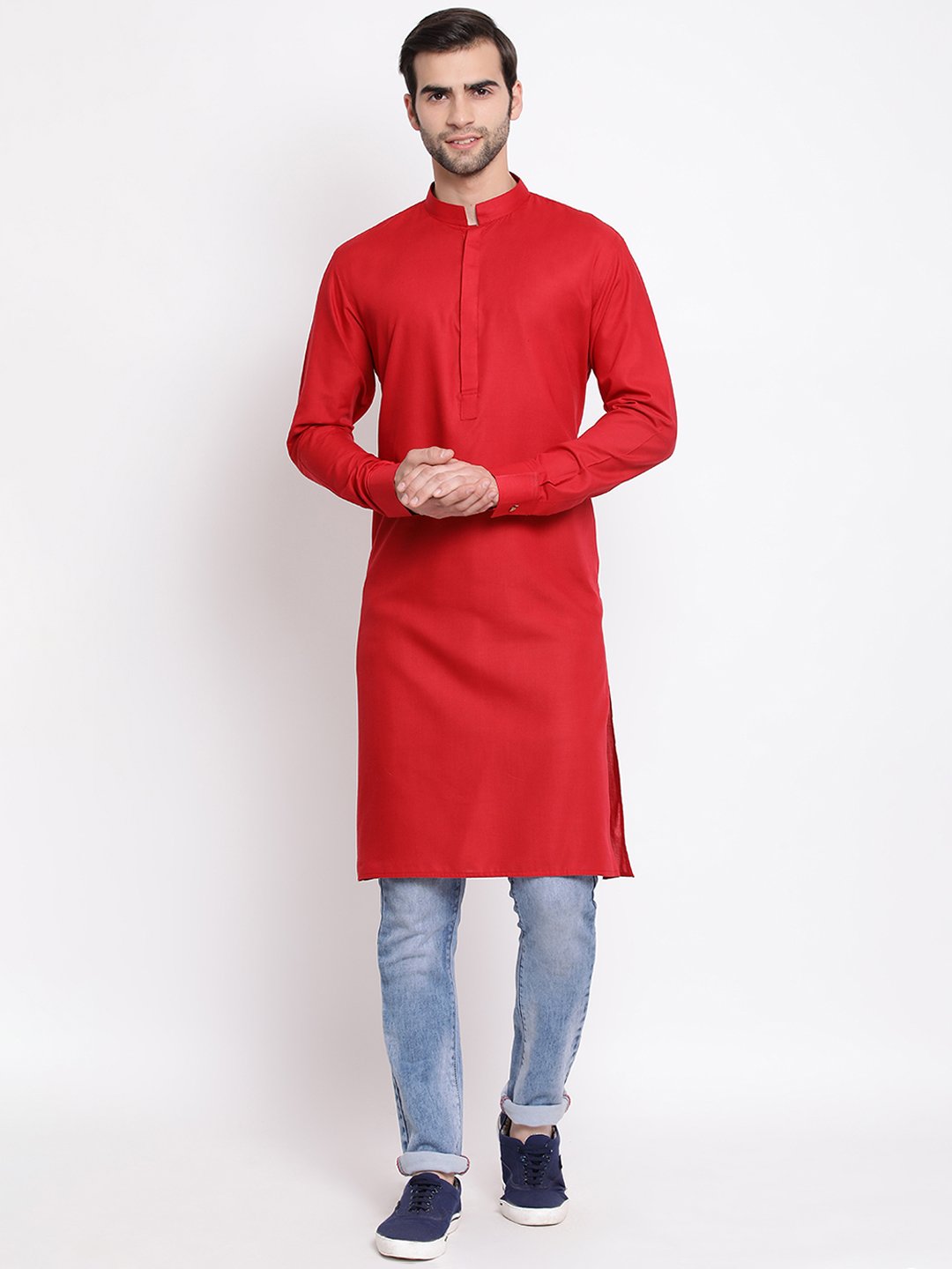 Vastramay Men's Maroon Cotton Blend Kurta