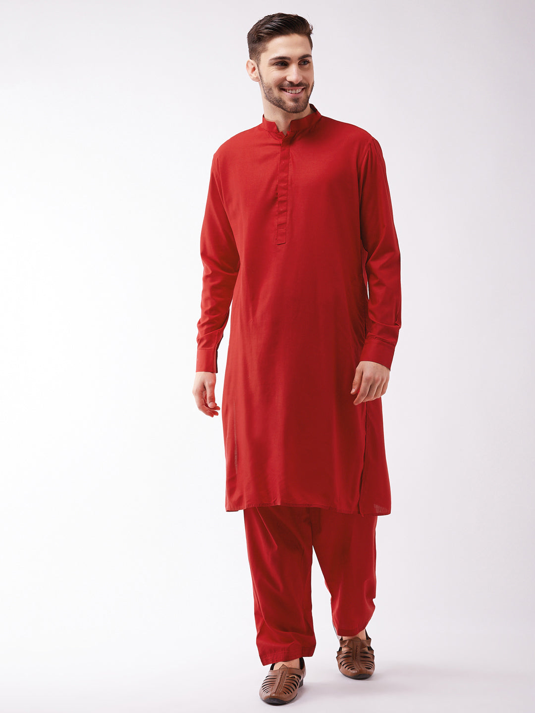 Vastramay Men's Maroon Cotton Blend Kurta and Pyjama Set