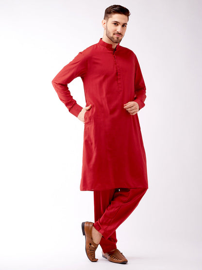 Vastramay Men's Maroon Cotton Blend Kurta and Pyjama Set