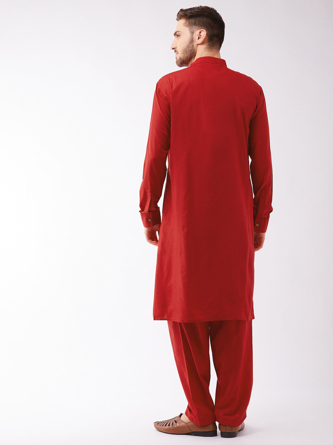 Vastramay Men's Maroon Cotton Blend Kurta and Pyjama Set