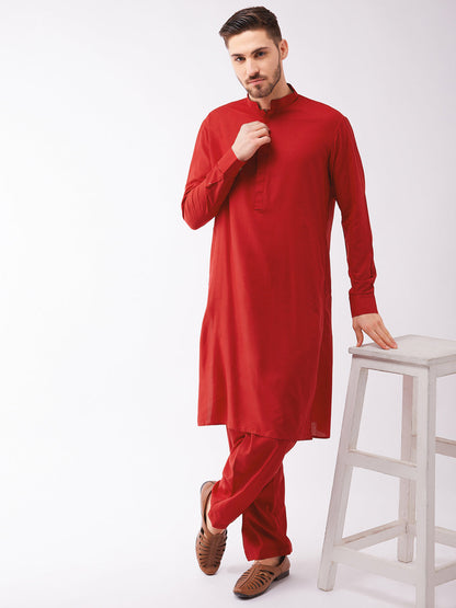 Vastramay Men's Maroon Cotton Blend Kurta and Pyjama Set