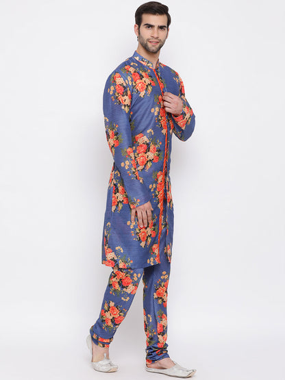 Vastramay  Blue Floral Printed Kurta Pyjama Set With Leharia Border