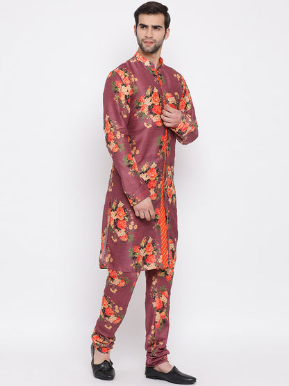 Vastramay  Purple Floral Printed Kurta Pyjama Set With Leharia Border