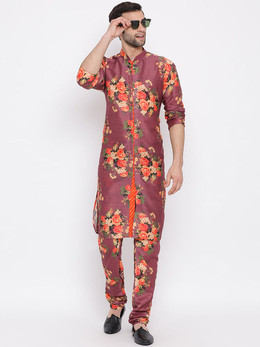 Vastramay  Purple Floral Printed Kurta Pyjama Set With Leharia Border