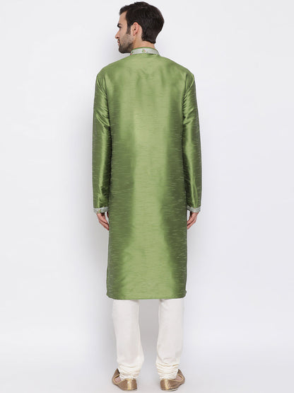 VASTRAMAY Green Silk Blend Kurta Pyjama Baap Beta Set