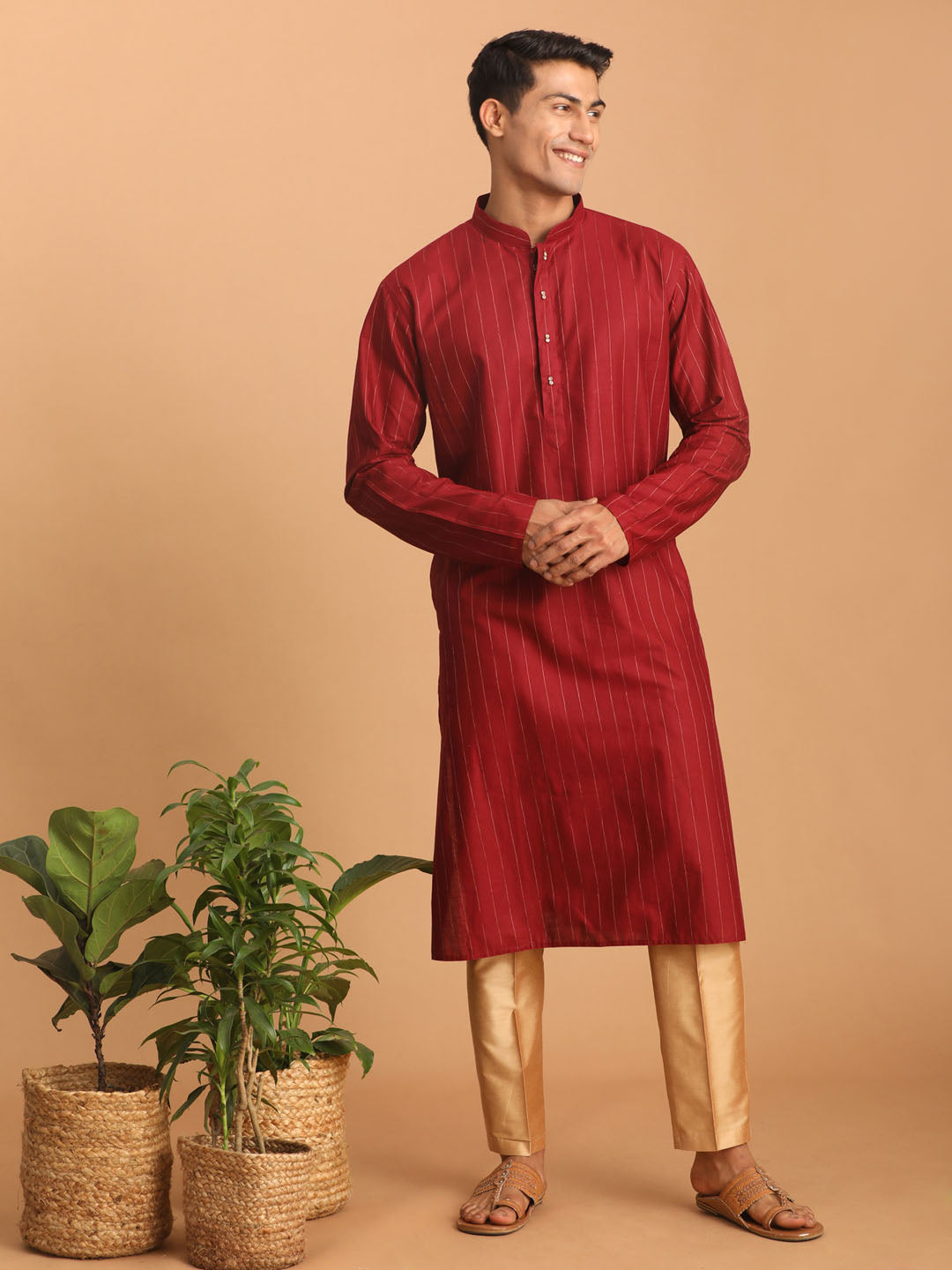 vastramay mens maroon striped kurta and rose gold pant set