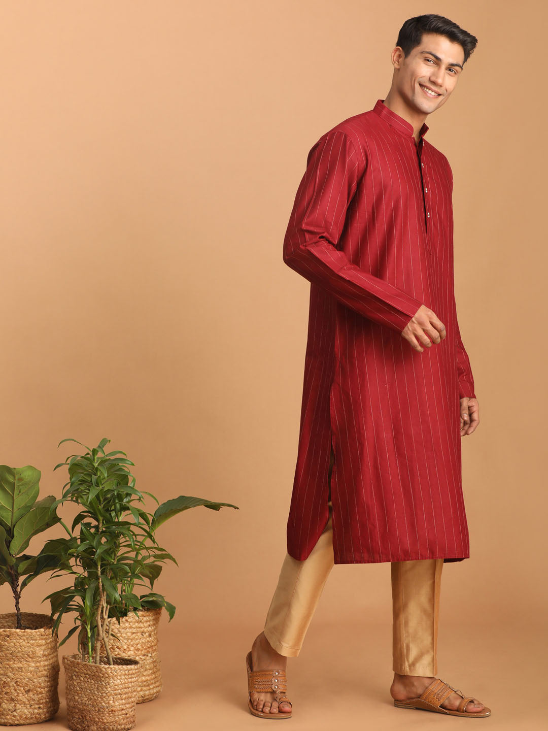 vastramay mens maroon striped kurta and rose gold pant set