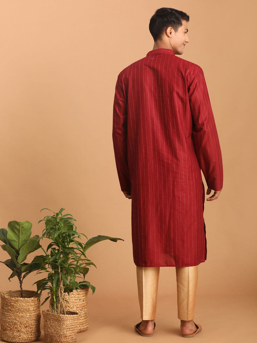 vastramay mens maroon striped kurta and rose gold pant set