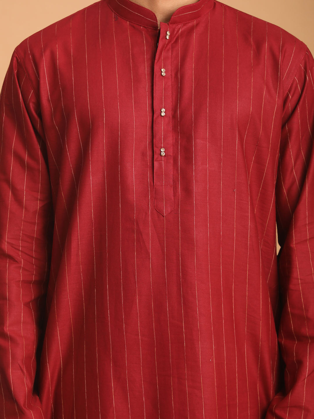 vastramay mens maroon striped kurta and rose gold pant set