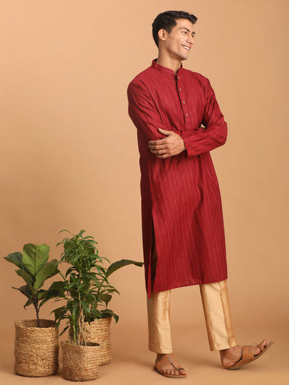 vastramay mens maroon striped kurta and rose gold pant set