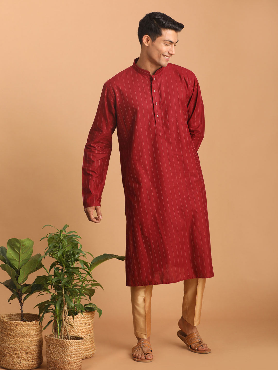 vastramay mens maroon striped kurta and rose gold pant set