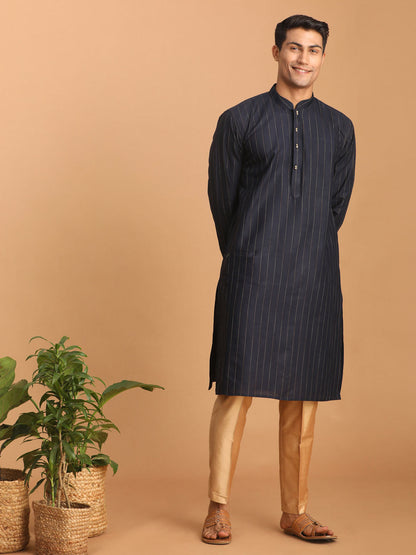 vastramay mens navy blue striped kurta and rose gold pant set