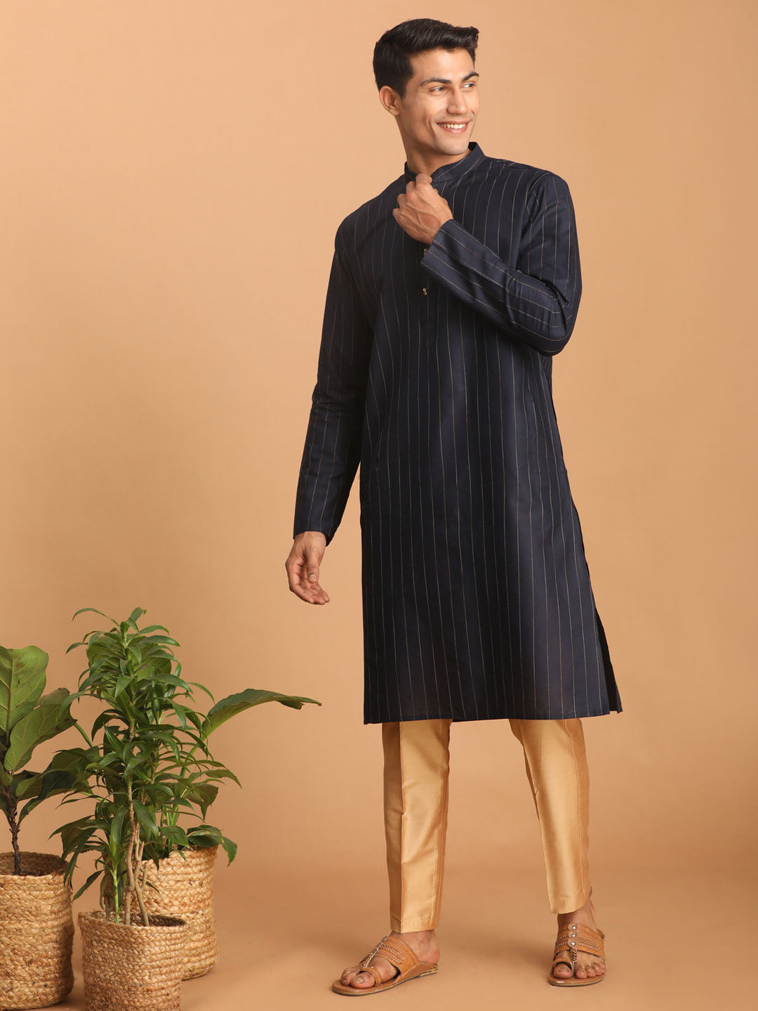 vastramay mens navy blue striped kurta and rose gold pant set