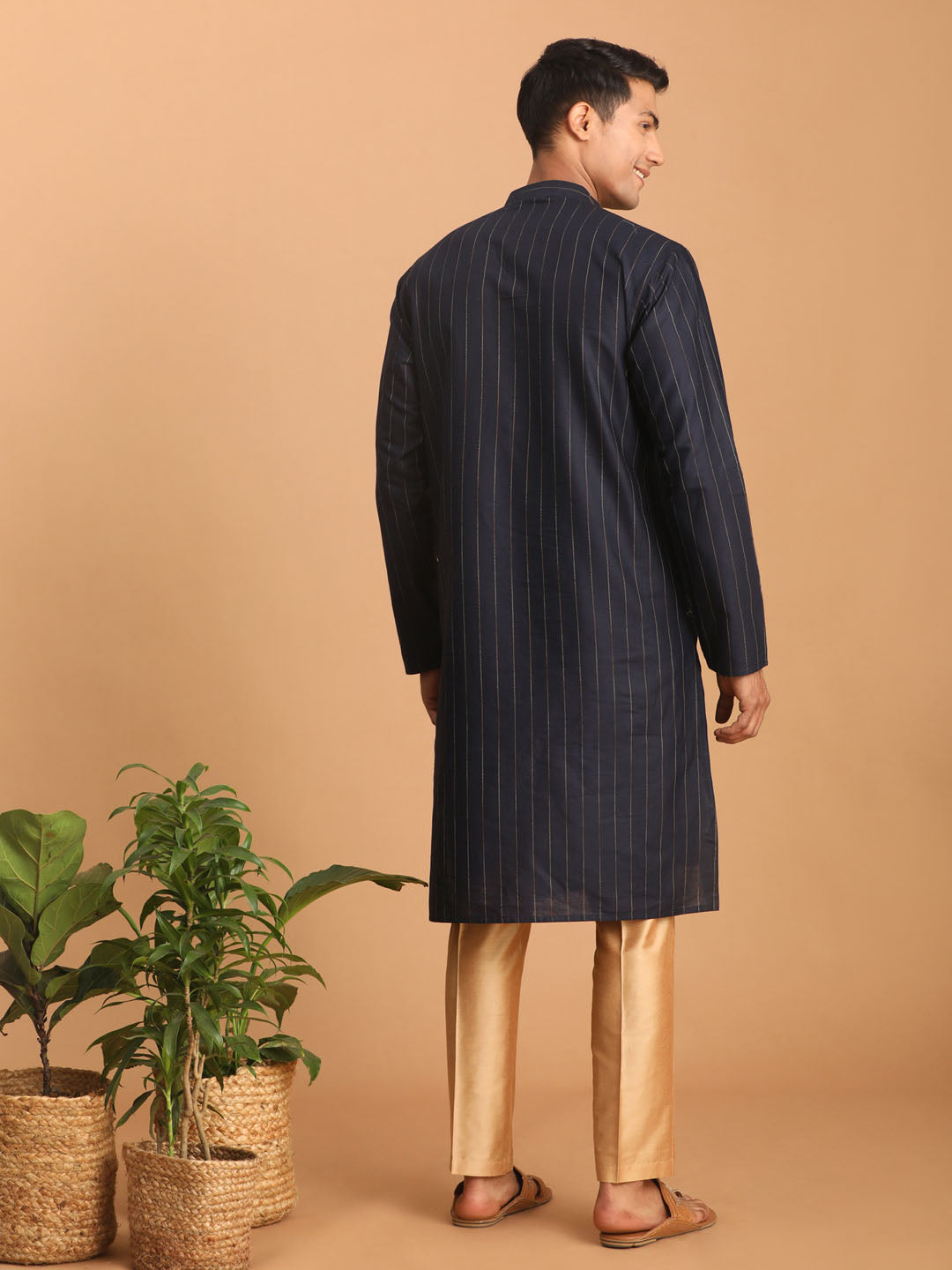 vastramay mens navy blue striped kurta and rose gold pant set