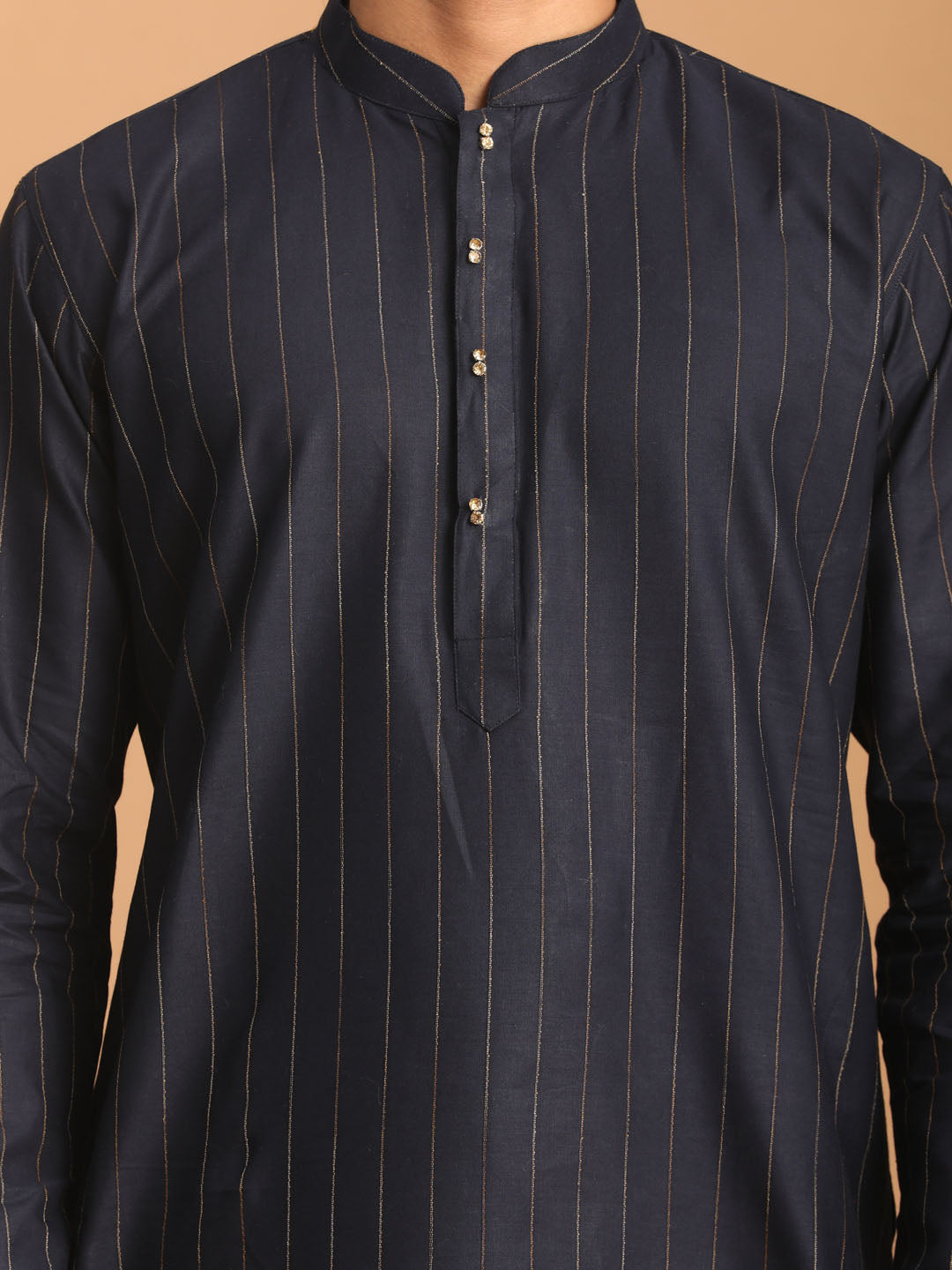 vastramay mens navy blue striped kurta and rose gold pant set