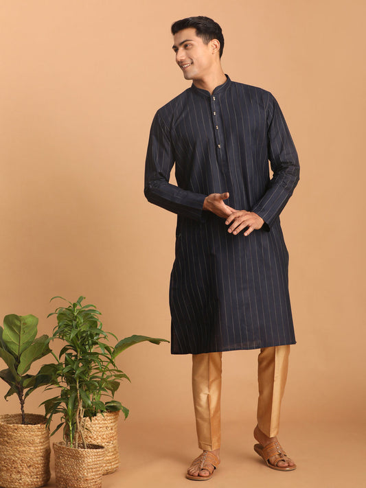 vastramay mens navy blue striped kurta and rose gold pant set