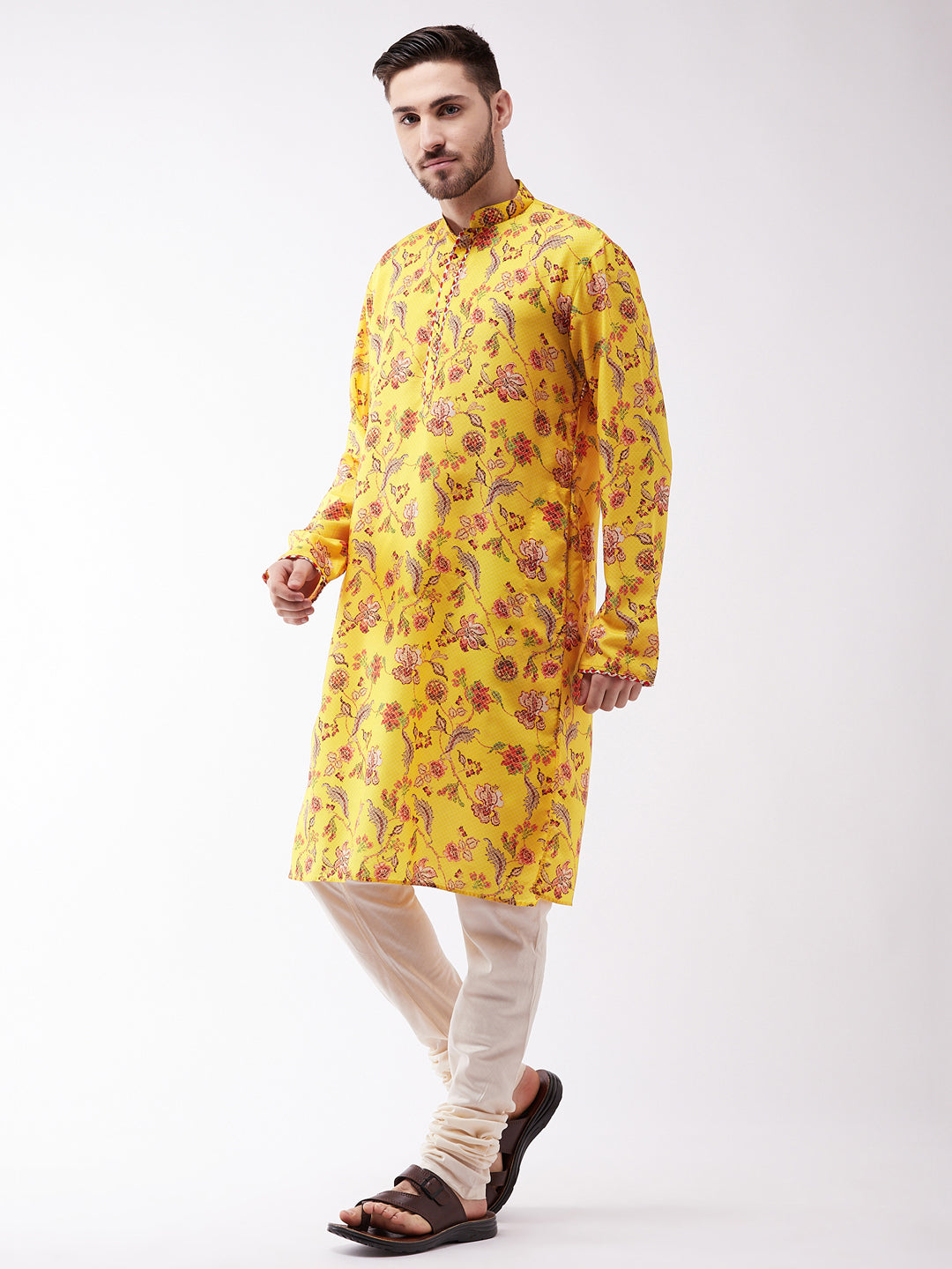 Vastramay Multicolor-Base-Mustard And Cream Baap Beta Kurta And Pyjama Set