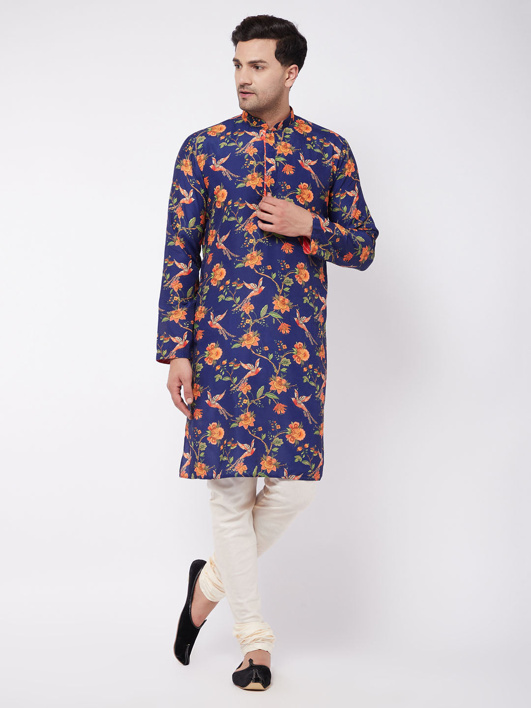 Vastramay Men's Floral Printed Muslin Blend Kurta Pyjama Set