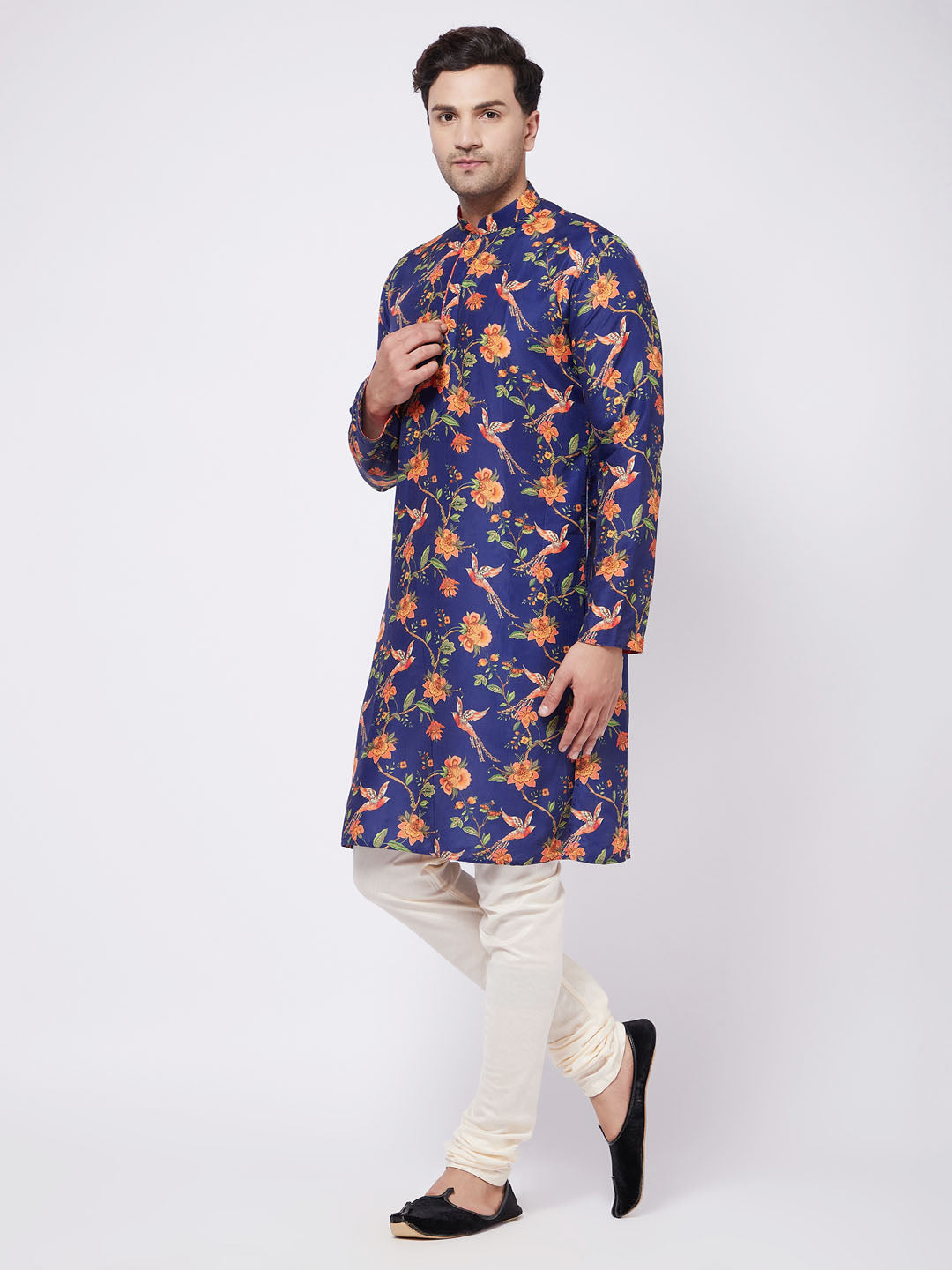 Vastramay Men's Floral Printed Muslin Blend Kurta Pyjama Set