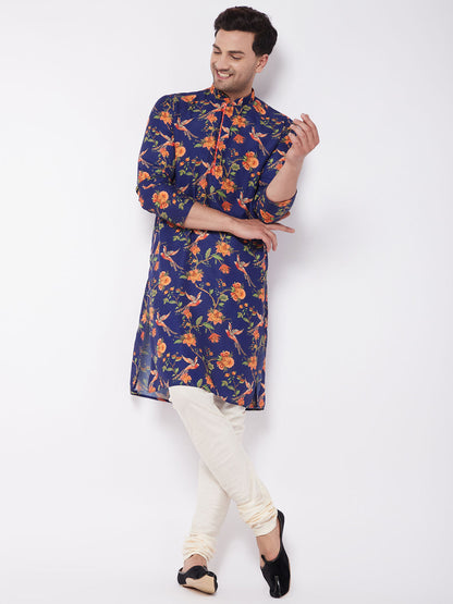 Vastramay Men's Floral Printed Muslin Blend Kurta Pyjama Set