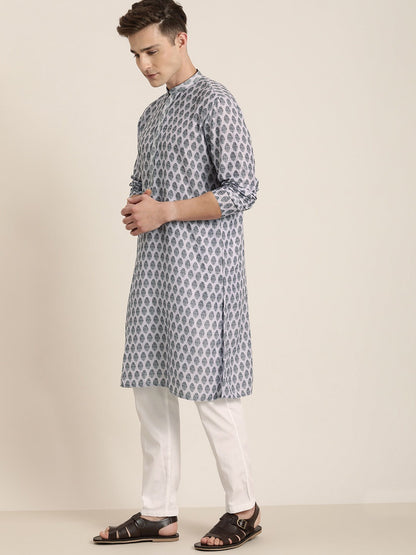 Vastramay Men's Grey Cotton Blend Kurta And White Pyjama Set