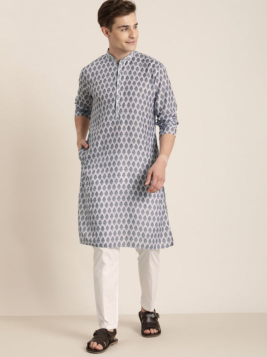 vastramay mens grey cotton blend kurta and white pyjama set