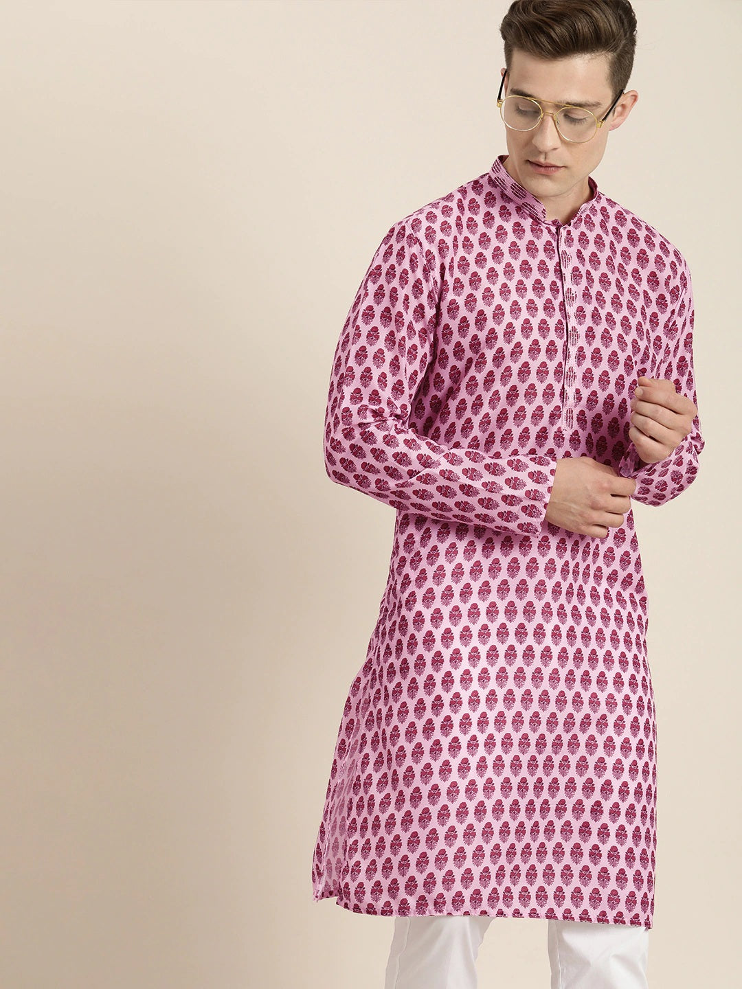 Vastramay Men's Pink Cotton Blend Kurta And  White Pyjama Set