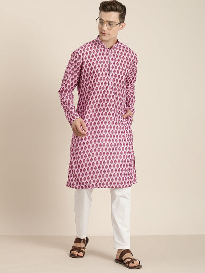 VASTRAMAY Men's Pink Cotton Blend Kurta And White Pyjama Set