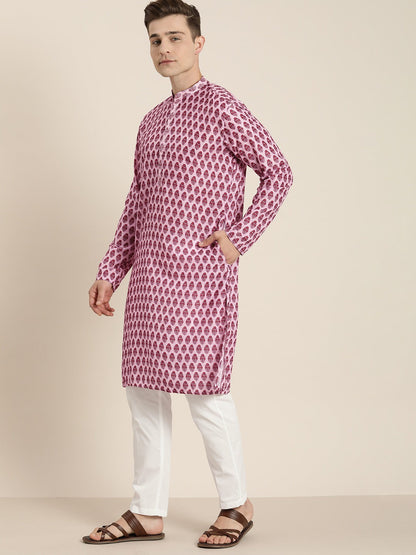 VASTRAMAY Men's Pink Cotton Blend Kurta And White Pyjama Set