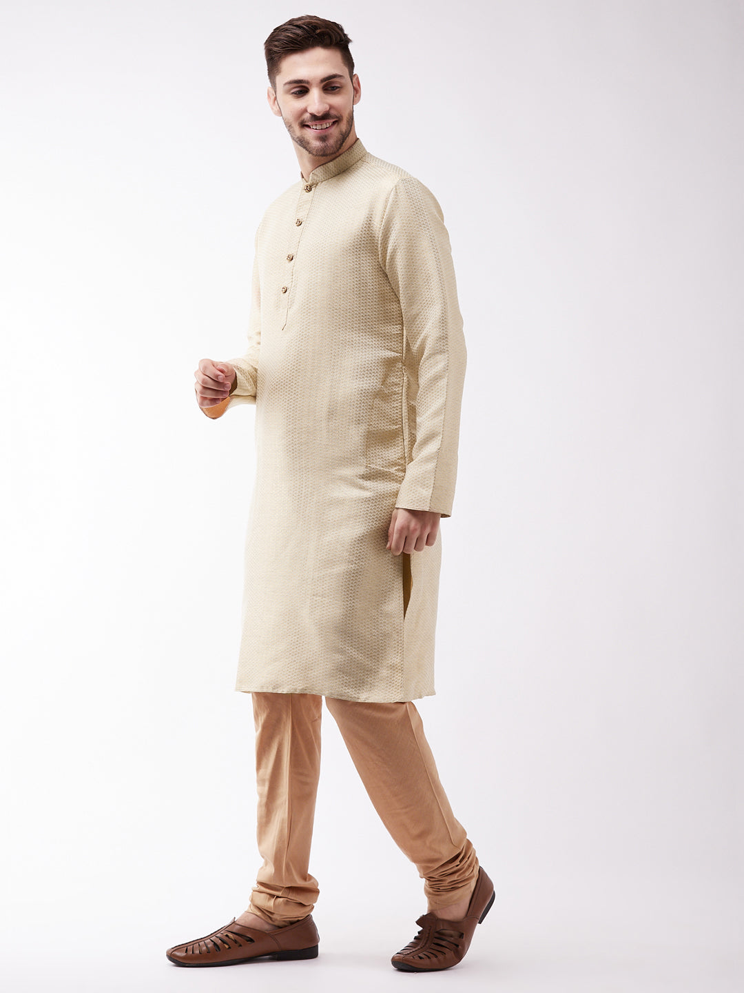 VASTRAMAY Men's Beige And Rose Gold Silk Blend Kurta Pyjama Set