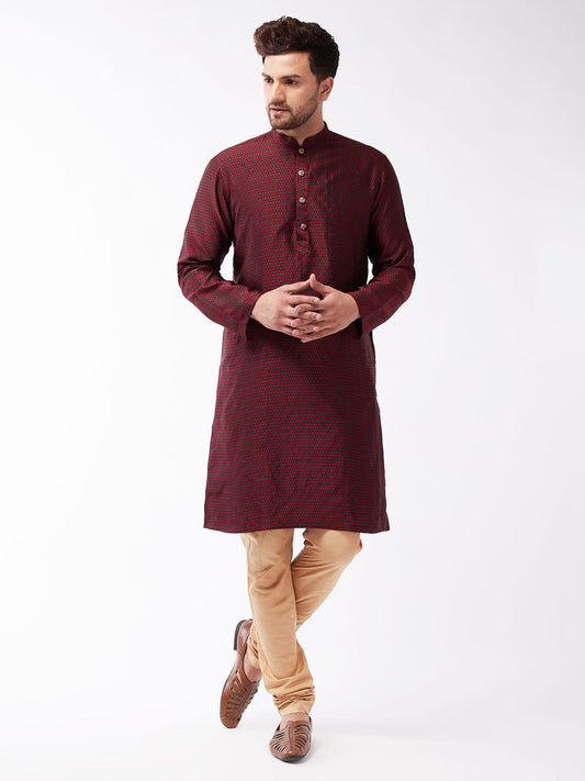 VASTRAMAY Men's Maroon And Rose Gold Silk Blend Kurta Pyjama Set