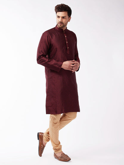 VASTRAMAY Men's Maroon And Rose Gold Silk Blend Kurta Pyjama Set