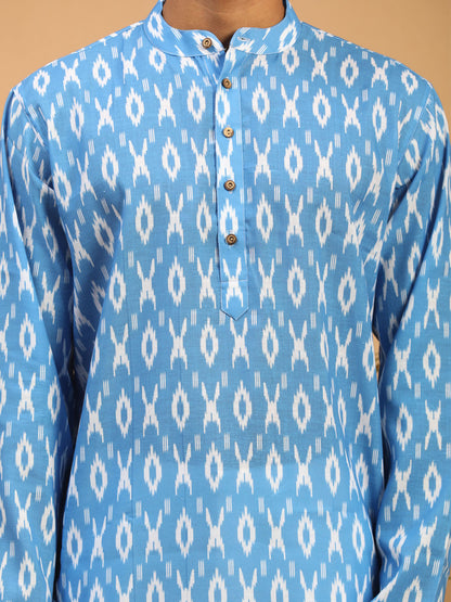 Vastramay Men's Aqua Blue Ikkat Print Cotton Kurta