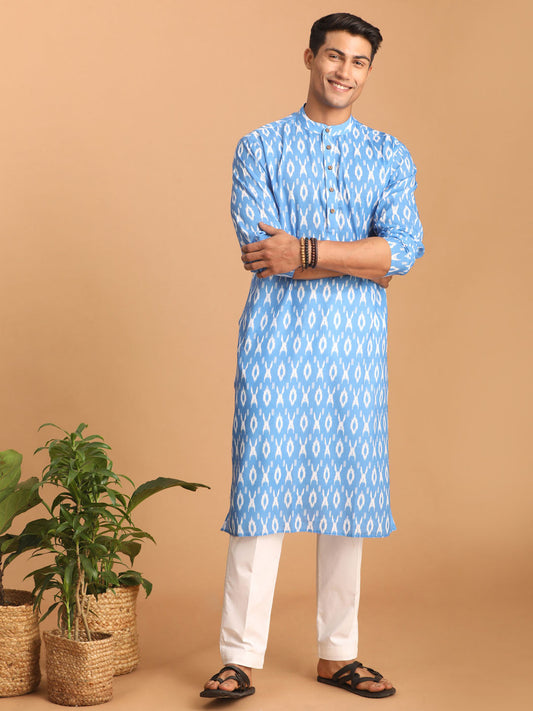 vastramay mens aqua blue ikkat print cotton blend kurta with white pant set 1