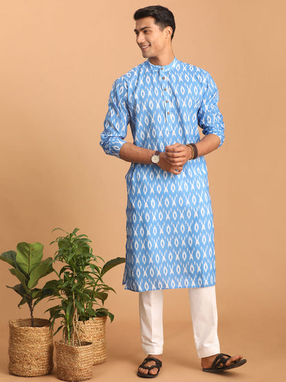 VASTRAMAY Men's Aqua Blue Ikkat Print Cotton Kurta With Pant set